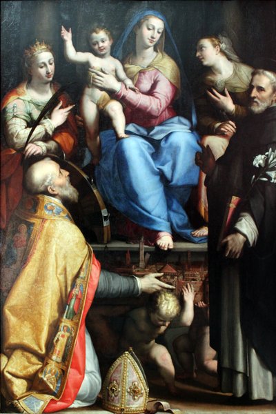 Enthroned Mary with the Blessing Child and Saints Petronius, Catherine of Alexandria, Dominic, and Apollonia by Lorenzo Sabbatini